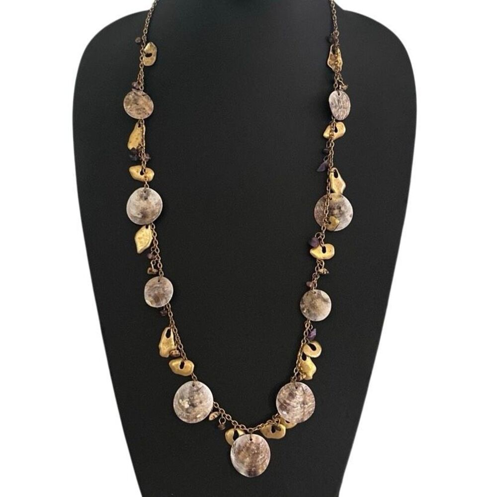 Coldwater Creek Statement Charm Necklace 30" Gold-tone Shells & Amethyst Charms - Picture 3 of 8